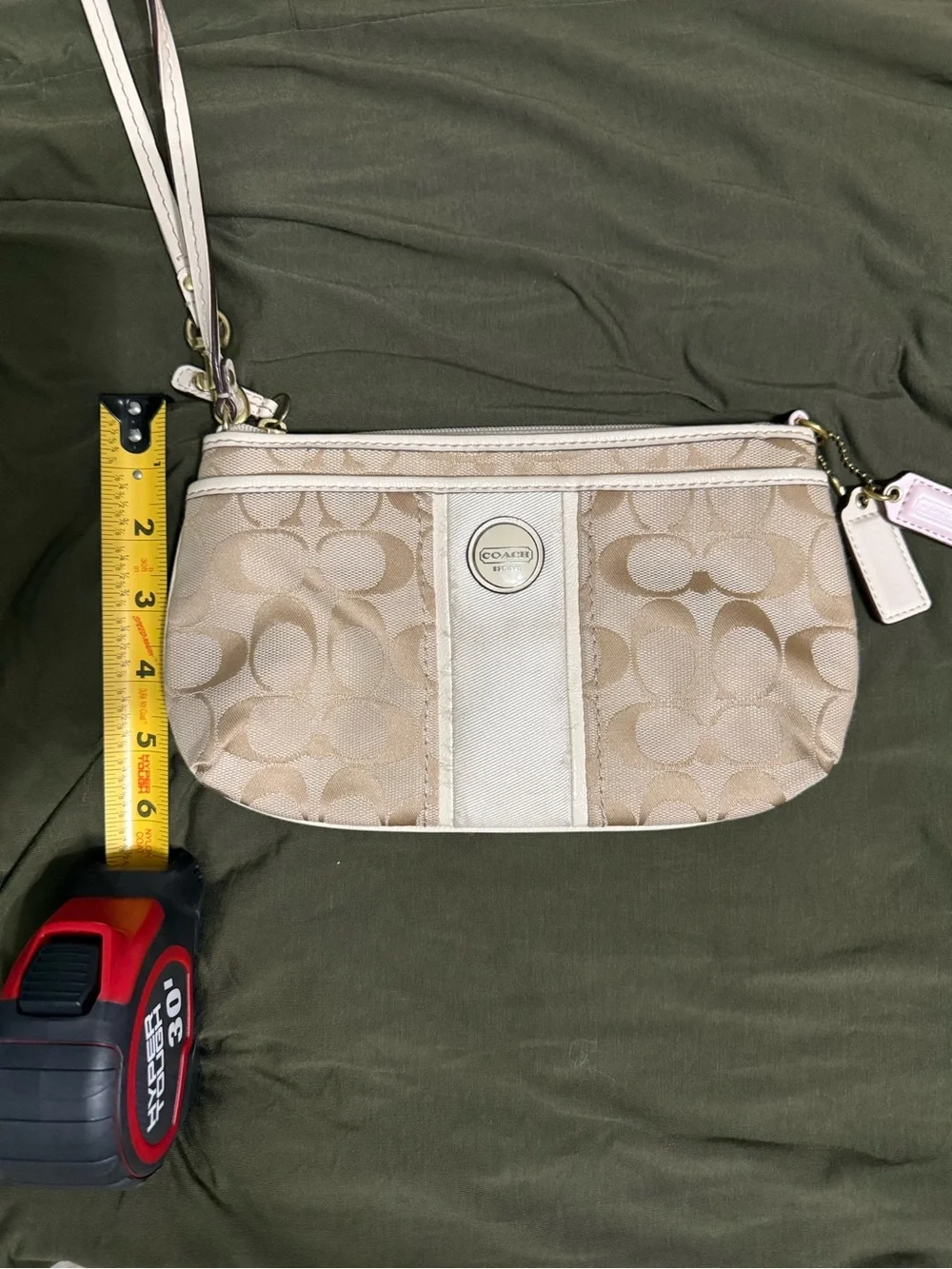 Rare Vintage Coach Cream and Tan Signature Canvas Wristlet with Leather Trim